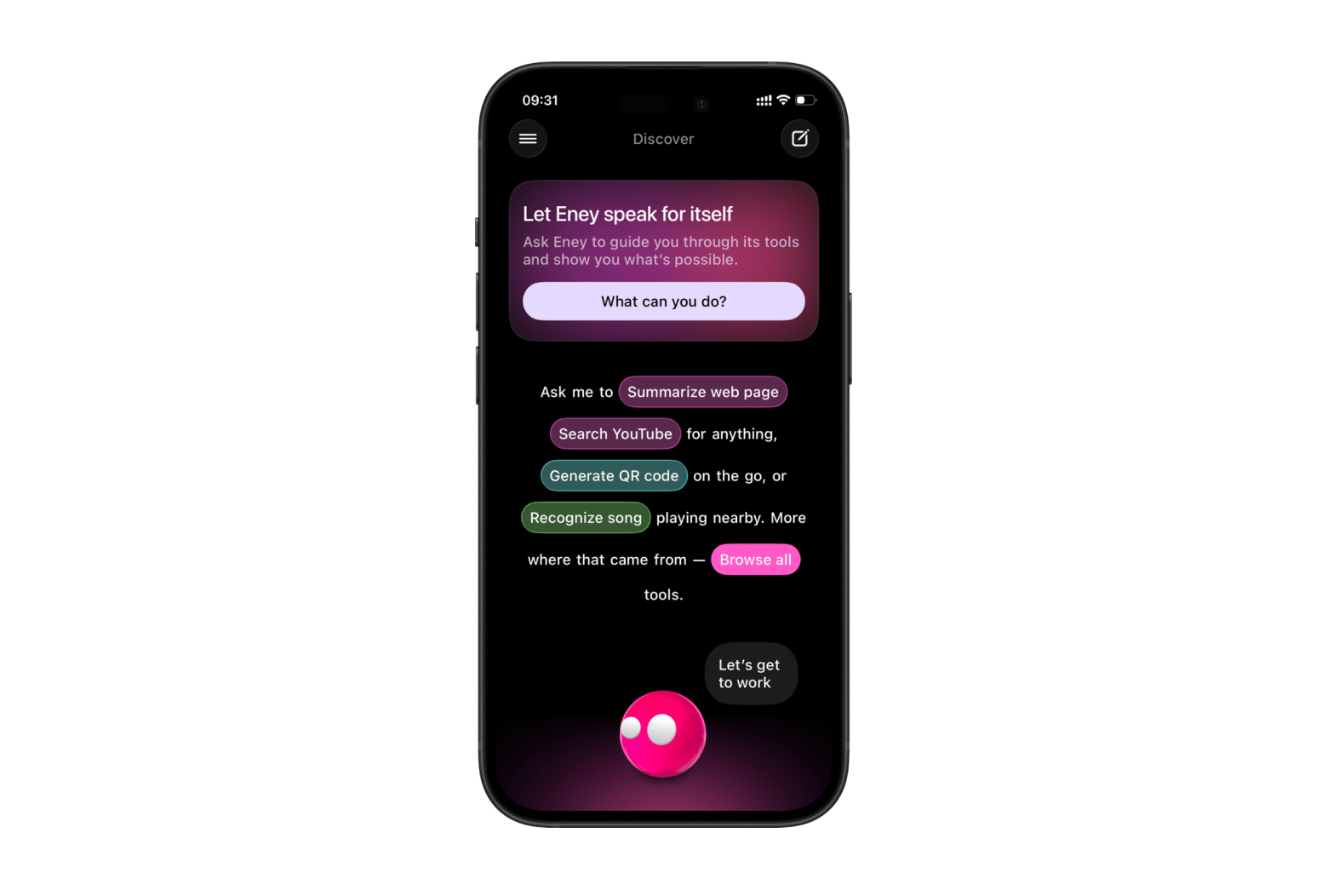 Eney’s Discover interface showing what the AI assistant can do on iPhone.